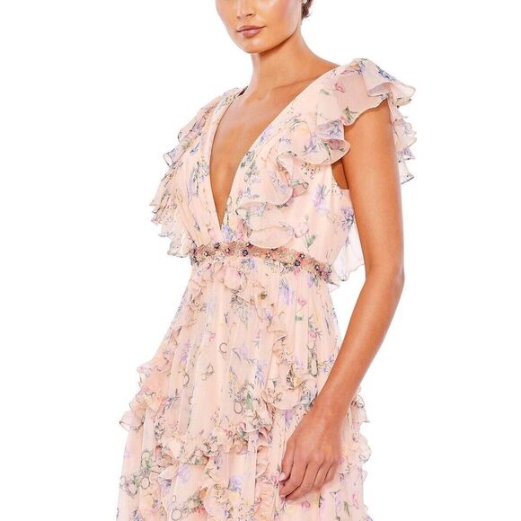 New Mac Ieena Duggal 68090 - Plunging V-Neck Floral Evening Gown Size 2 - Picture 3 of 12